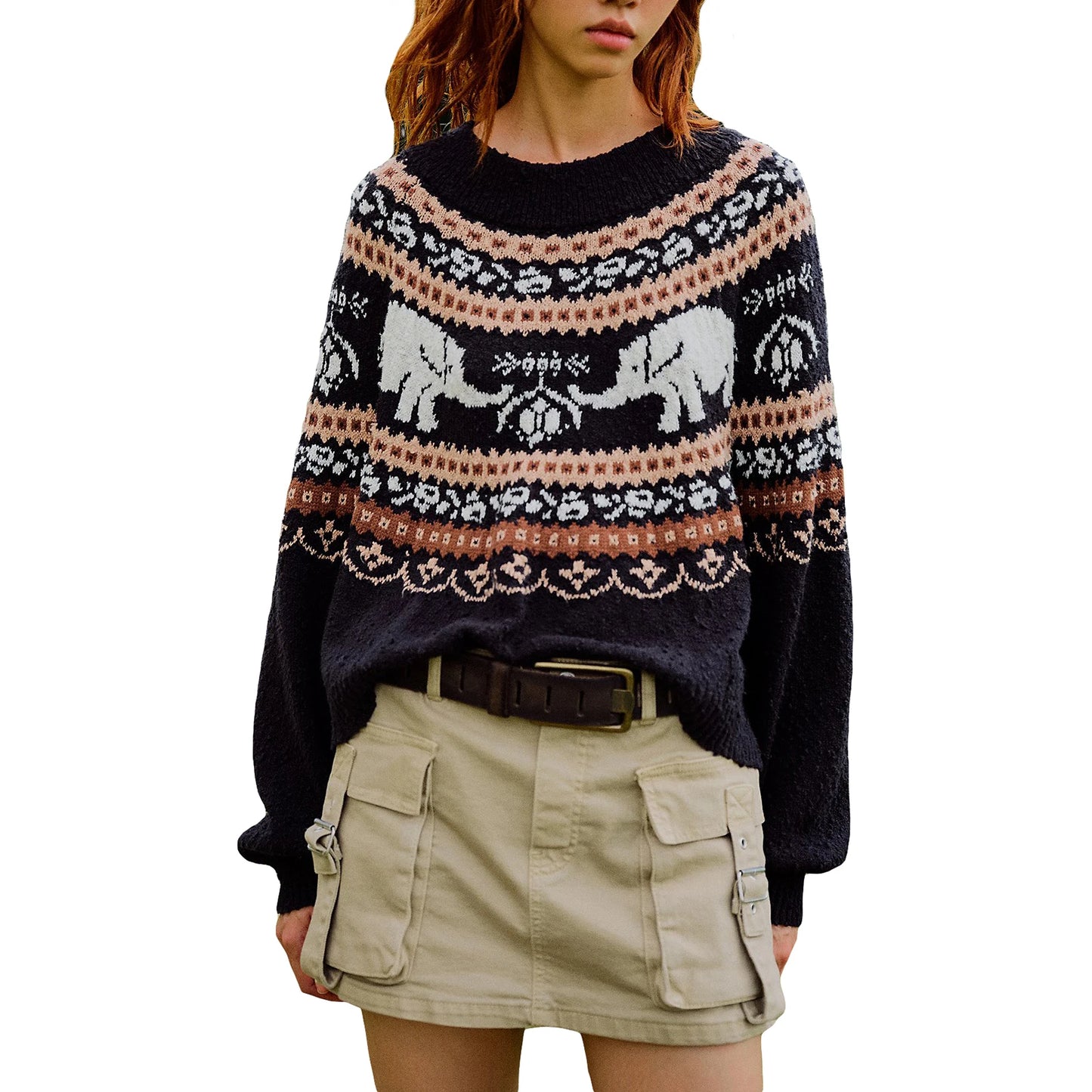 Women Knit Sweater Long Sleeve Crew Neck Elephant Pullover Warm Sweater for Fall Winter