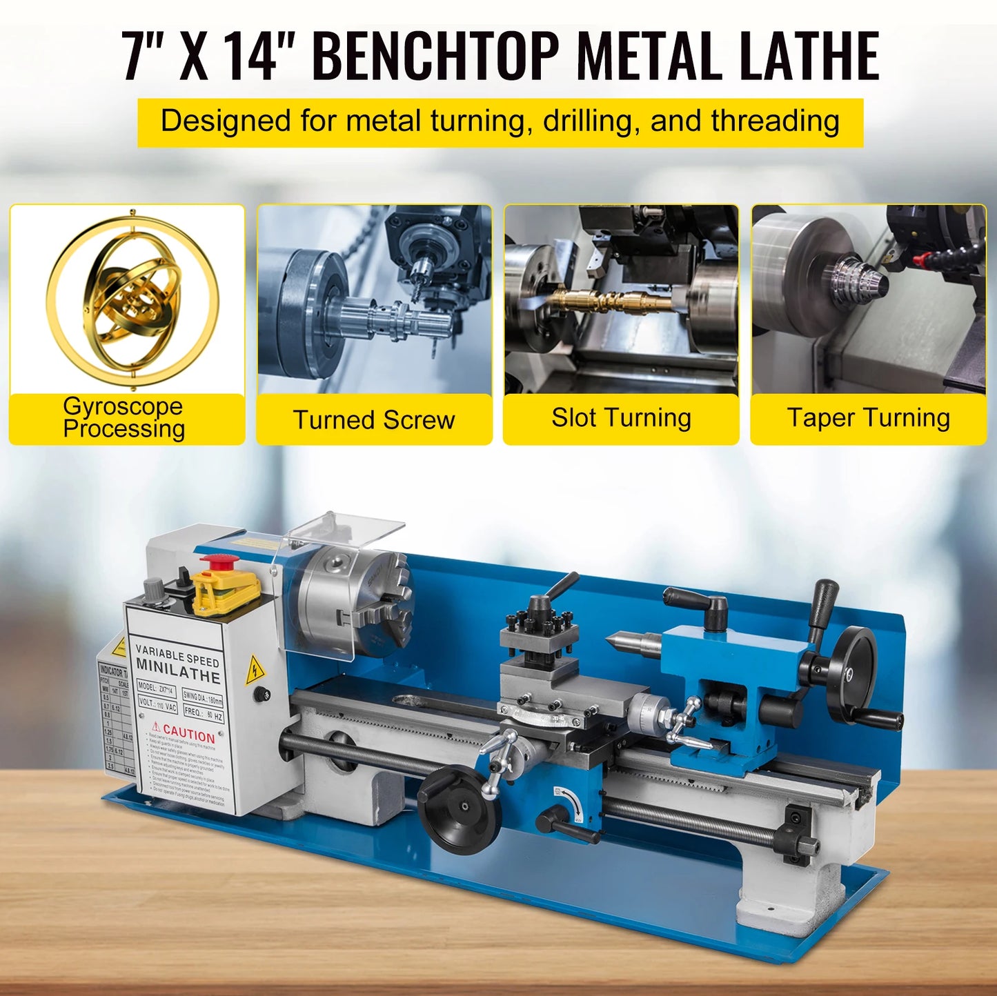 SucceBuy Mini Metal Lathe Machine 7"x14" 550W 180x350mm Variable Speed + 3 Jaw Chuck for Metalworking Turning Drilling Threading