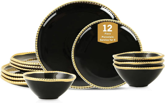 Christian Siriano Akoya Porcelain Dinnerware Set, 12-Piece - Dish Set for 4, Plates and Bowls Set, Black and Gold