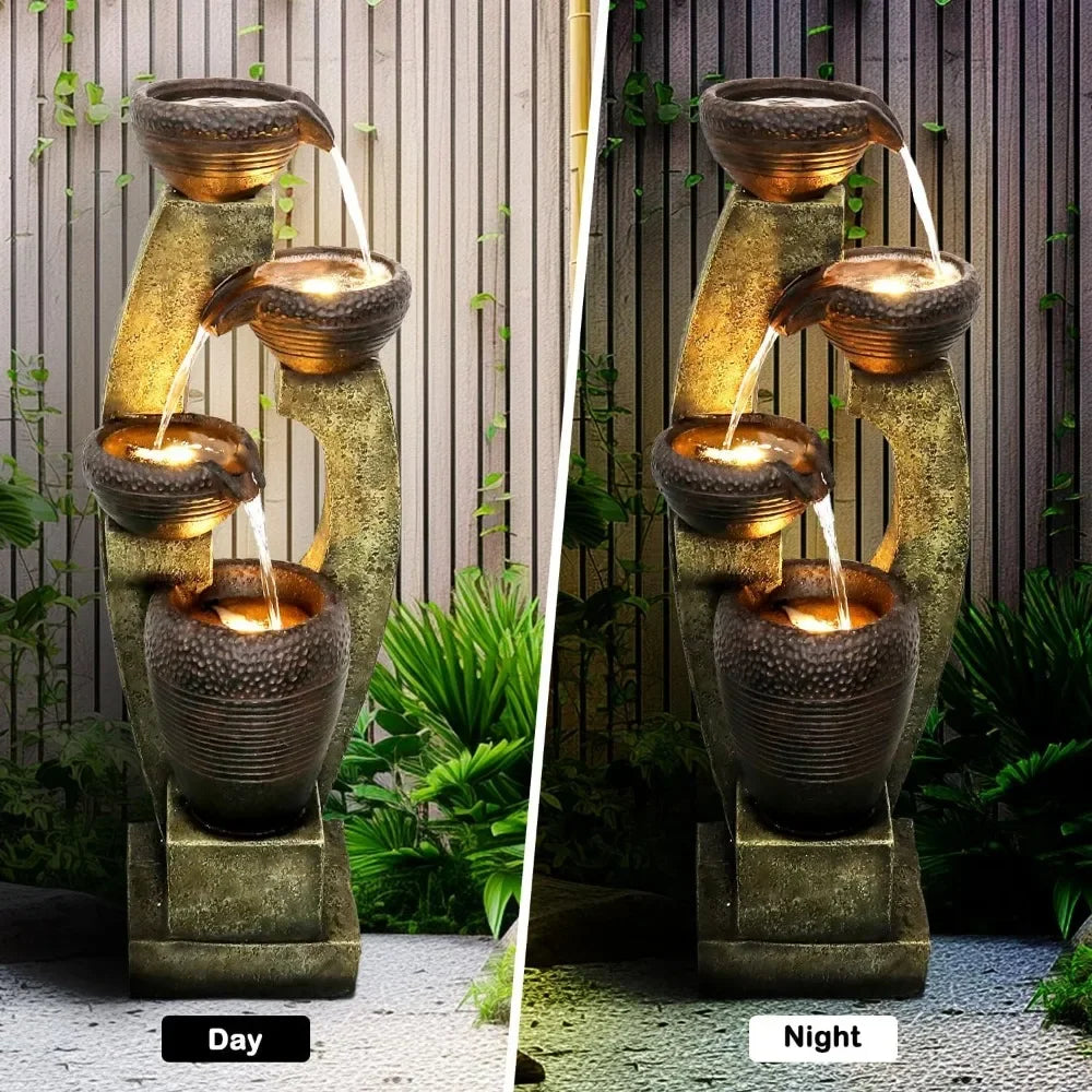 Modern Outdoor Fountain - 4 Crocks Outdoor Garden Fountains with Contemporary Design&LED Light for Garden,Patio, Deck, Porch