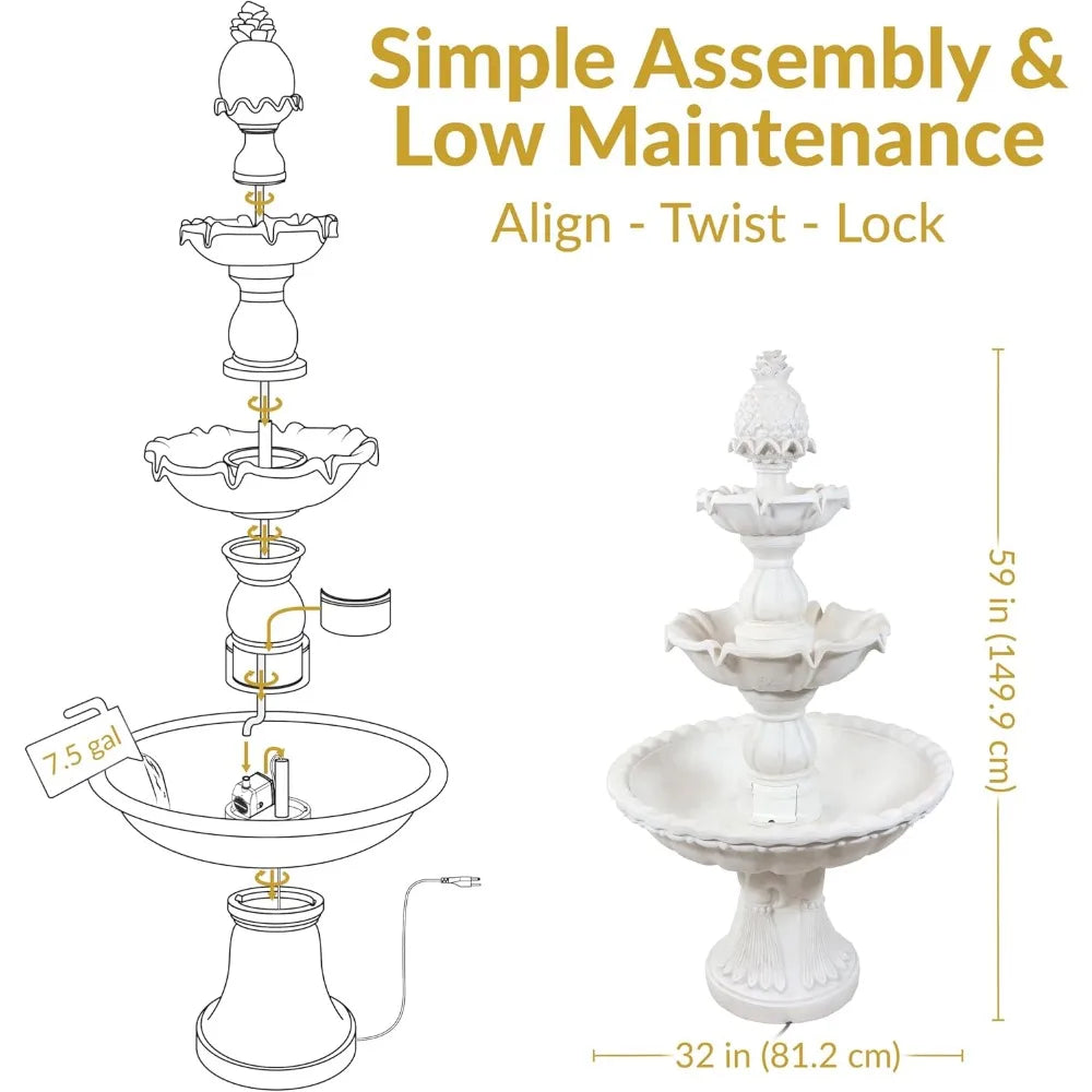 57" H Welcome 3-Tier Water Fountain - Large Electric Water Fountain with Pineapple Topper for Garden, Patio or Yard - White