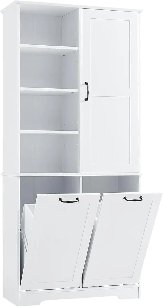 Tall Bathroom Storage Cabinet with Laundry Hamper Freestanding Storage Cabinet with Open Shelves and Adjustable Shelf White Modern Style