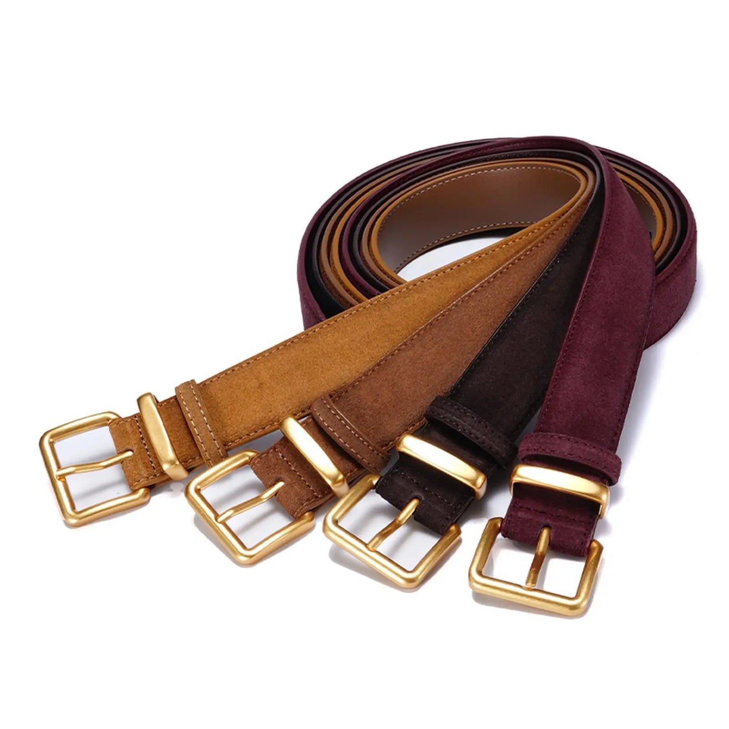 Luxury Suede Cowhide Leather Belt for Women, Vintage Style with Gold Buckle, 3.3cm Wide Waistband for Dresses & Jeans
