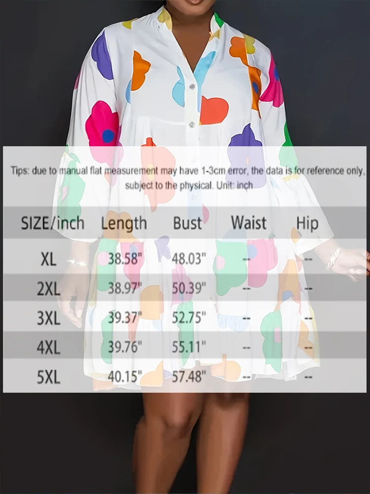 Plus Size 2025 Autumn New Floral Printed Women's Dresses Casual Loose Button Fashion Streetwear Polyester V-Neck Pleated Dresses