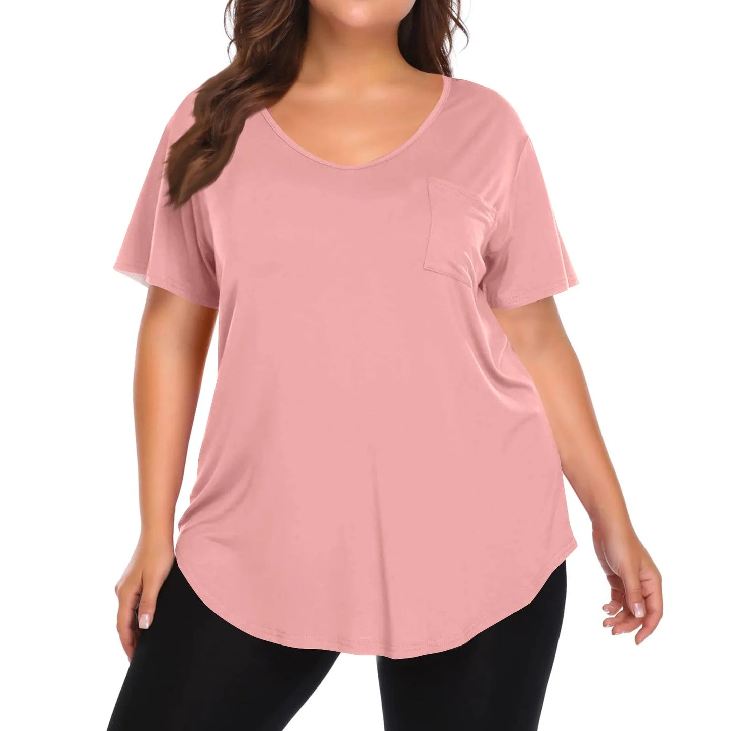 Plus Size Women's Tunic Tops Solid Color Large Size V-neck Loose T-Shirt With Pocket Summer Casual Basic Tee t shirts