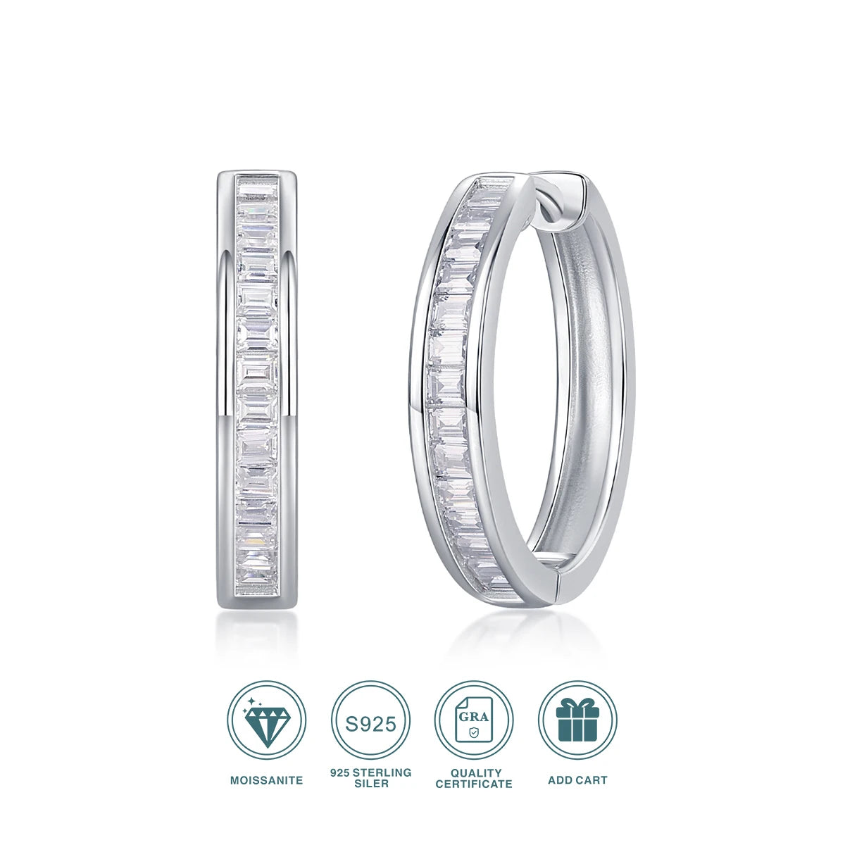 2pcs Moissanite Hoop Earrings 925 Sterling Silver 18K Gold Plated Baguette Cut Design with GRA Certificate for Women