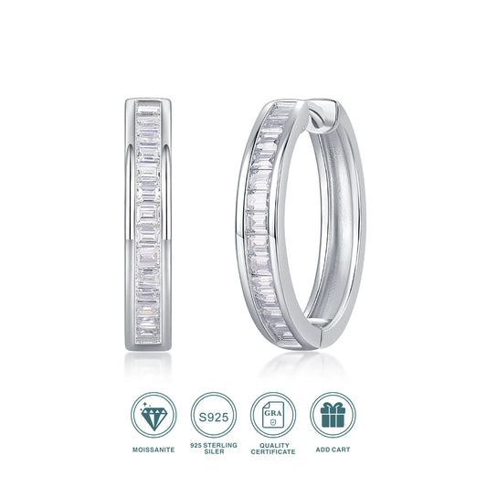 2pcs Moissanite Hoop Earrings 925 Sterling Silver 18K Gold Plated Baguette Cut Design with GRA Certificate for Women