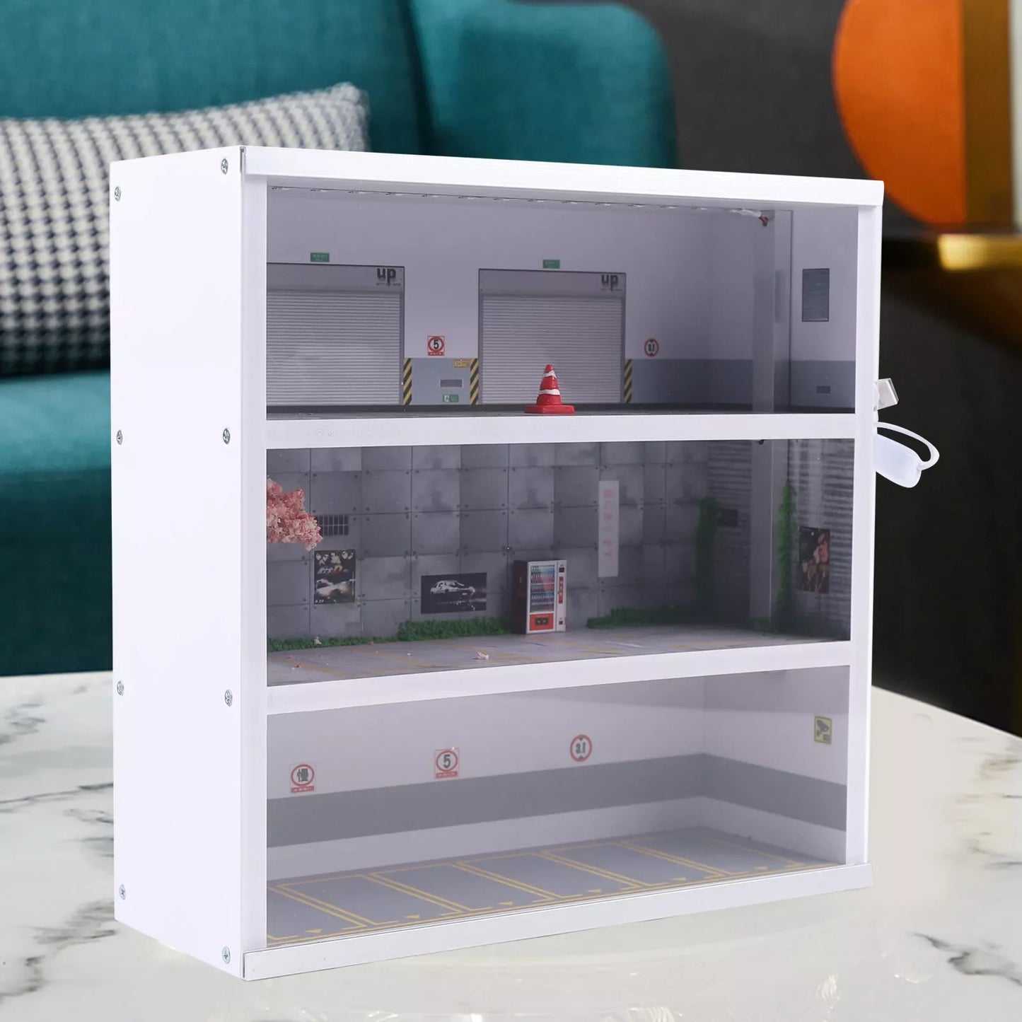 1:64 Scale Diorama Parking Lot Display Scene Model, with LED Light, 3 Tiers, 16 Spaces, Modern White, Home Decor & Storage