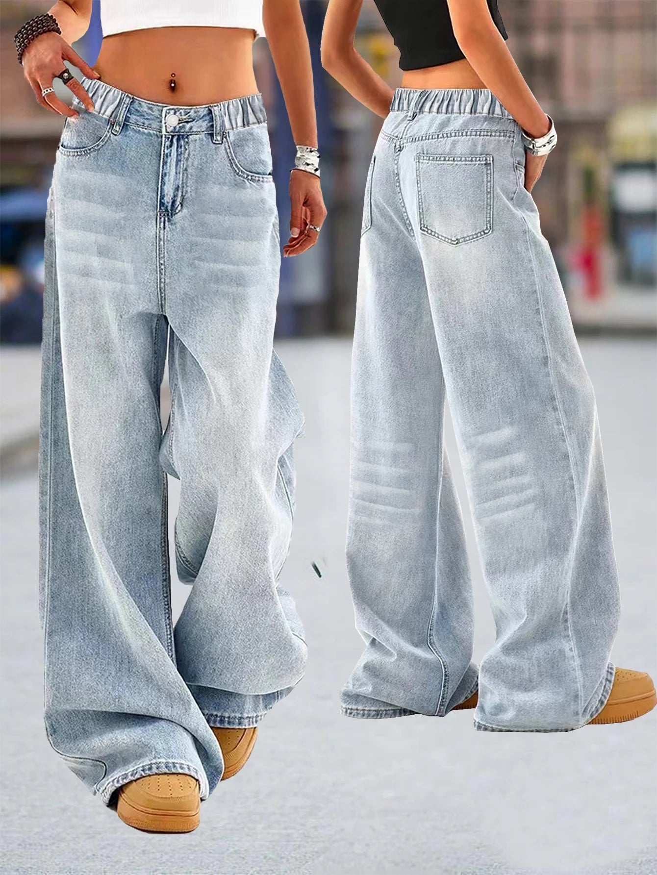 Retro Washed Blue Wide Leg Jeans For Juniors Regular Fit
