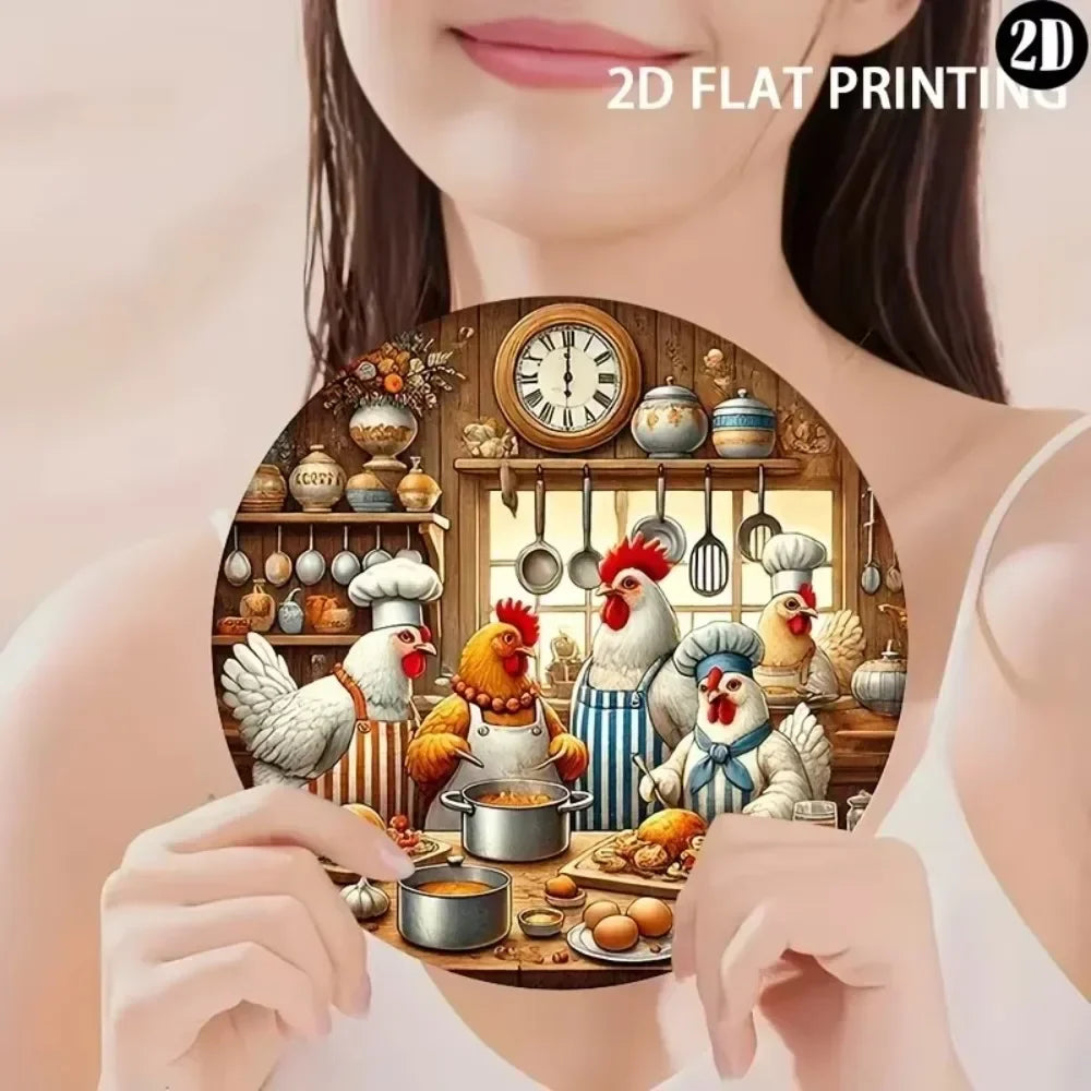 Wall Art，ChickenShield™ Country Kitchen Chickens Round Wall Sign | Weather - Resistant Material | Ornate Patterns | Versatile De