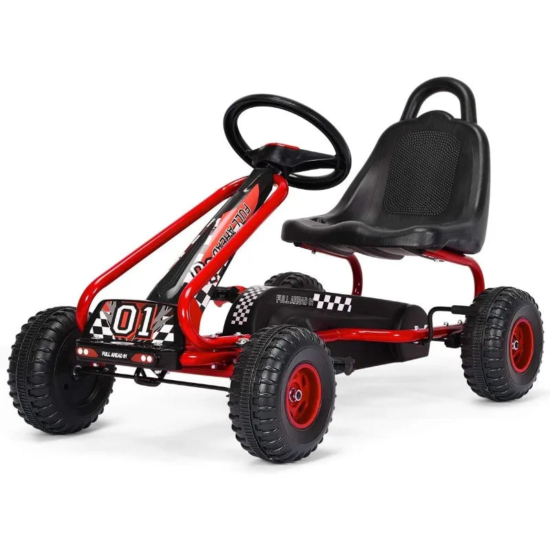 Costzon Go Kart for Kids, 4 Wheel Pedal Powered Go Cart with Adjustable Seat, Handbrake & Non-Slip Wheels