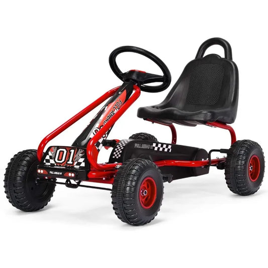 Costzon Go Kart for Kids, 4 Wheel Pedal Powered Go Cart with Adjustable Seat, Handbrake & Non-Slip Wheels