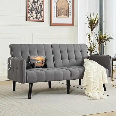 Modern Faux Leather Upholstered Convertible USB Folding Futon Sofa Bed, 65" Couch, Love Seats Furniture for Small Space Configu
