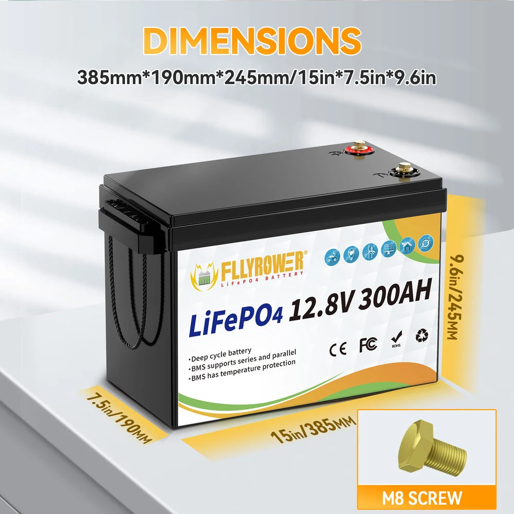 FLLYROWER 12V 300Ah LiFePO4 Lithium Battery Packs With 200A BMS LiFePO4 Battery For RV Boat Motor Solar Battery 8000+ Cycles