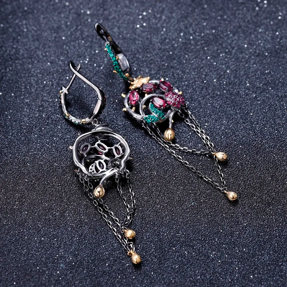 GEM'S BALLET Natural Rhodolite Garnet Tassel Earrings 925 Sterling Silver Handmade Gold Bee on Branch Drop Earrings for Women