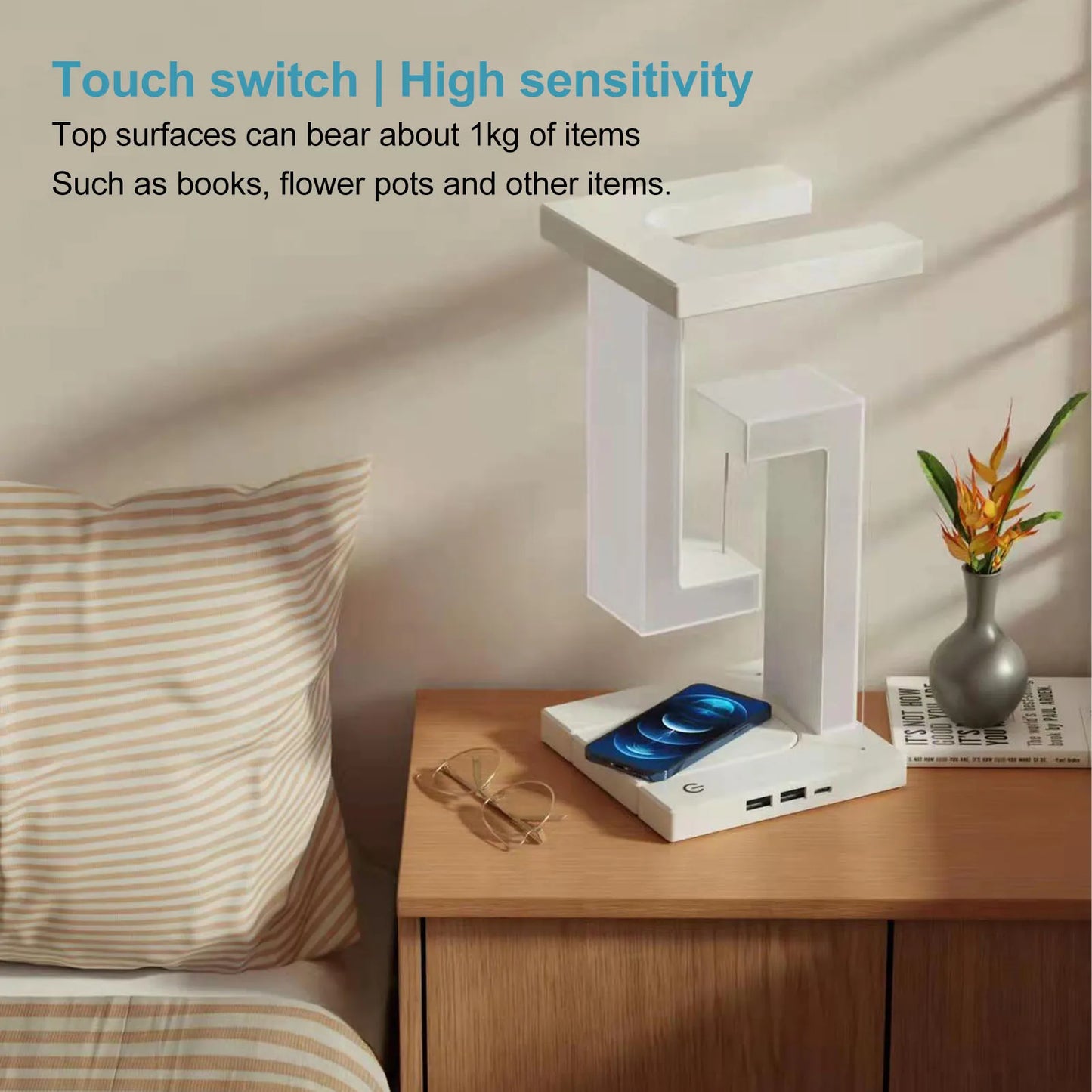 LED Desk Lamp Magnetic Levitation Night Light 3 Gears Touching  LED Table Lamp with Phone Wireless Charging White