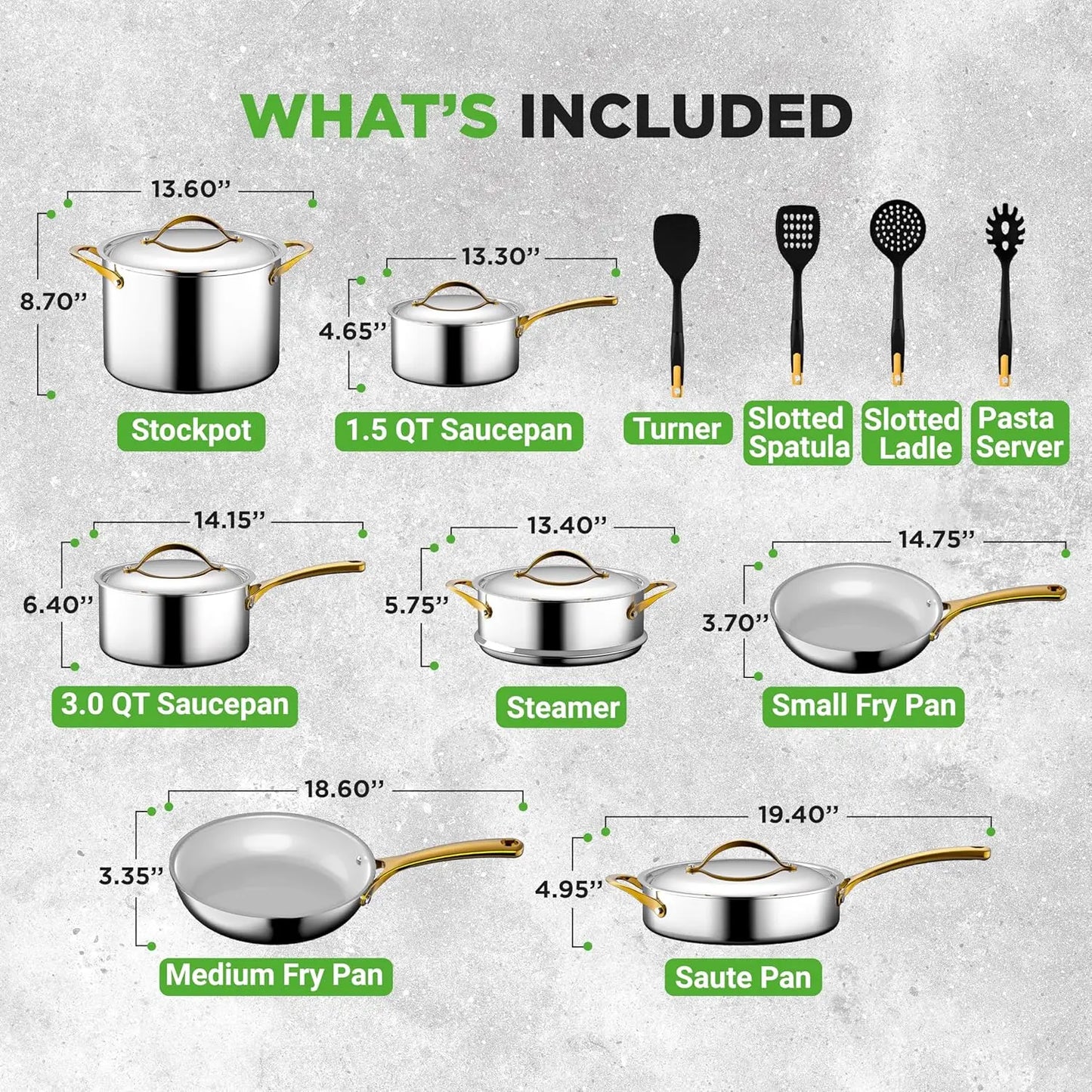 Premium Stainless Steel 16 Piece Cookware Set Tri Ply