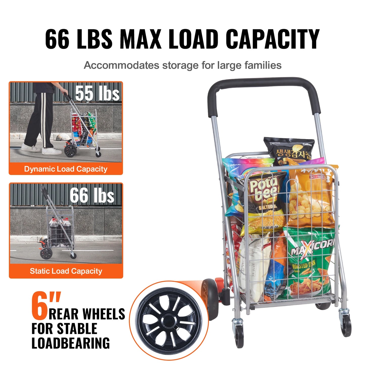 VEVOR Folding Shopping Cart Grocery Utility Trolley with Rolling Swivel Wheels Foldable Laundry Basket for Luggage 66 110 200lbs