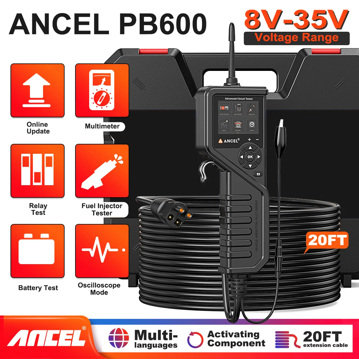 ANCEL PB600 Car Electric Circuit Tester Power Probe Relay Fuel Injector Tester Car Battery Tester Rleay Test Electrical Tool