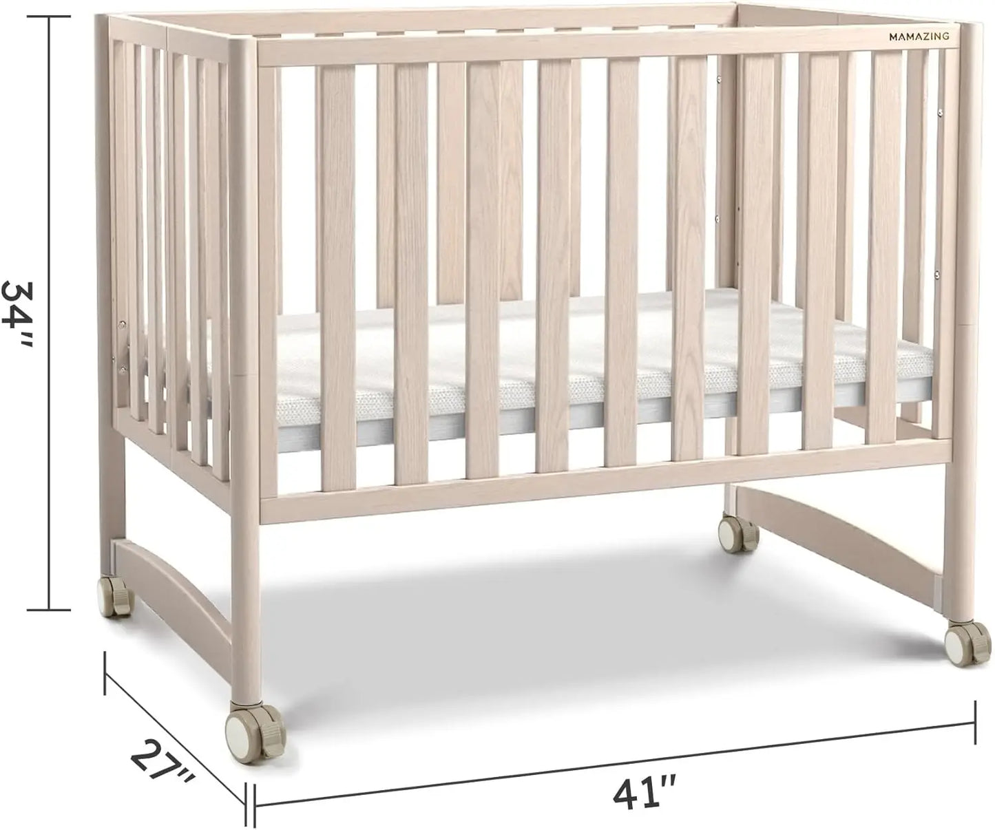 6-in-1 Mini Crib with Removable Wheels & Mattress 4 Adjustable Heights 100% New Zealand Pinewood Washed Natural