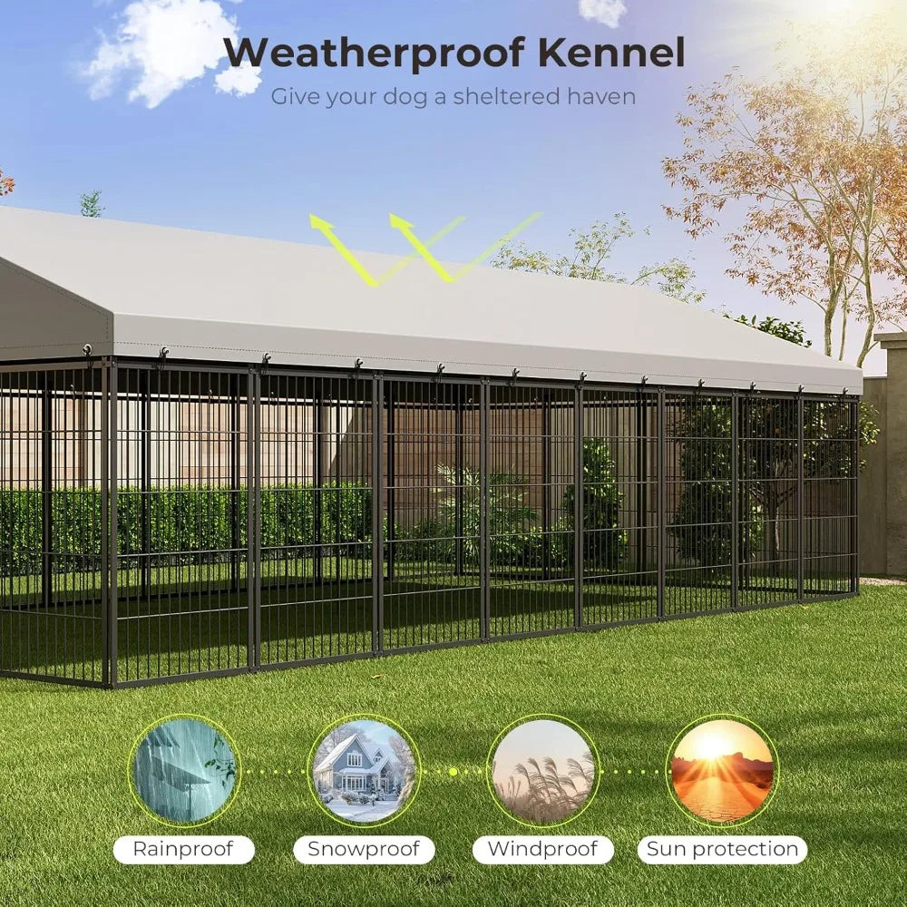 10X19FT Large Dog Kennel Outside with Feeding, Heavy Duty Outdoor Dog Run Cage with Cover & Lock, Outdoor Pet Enclosure Fence fo