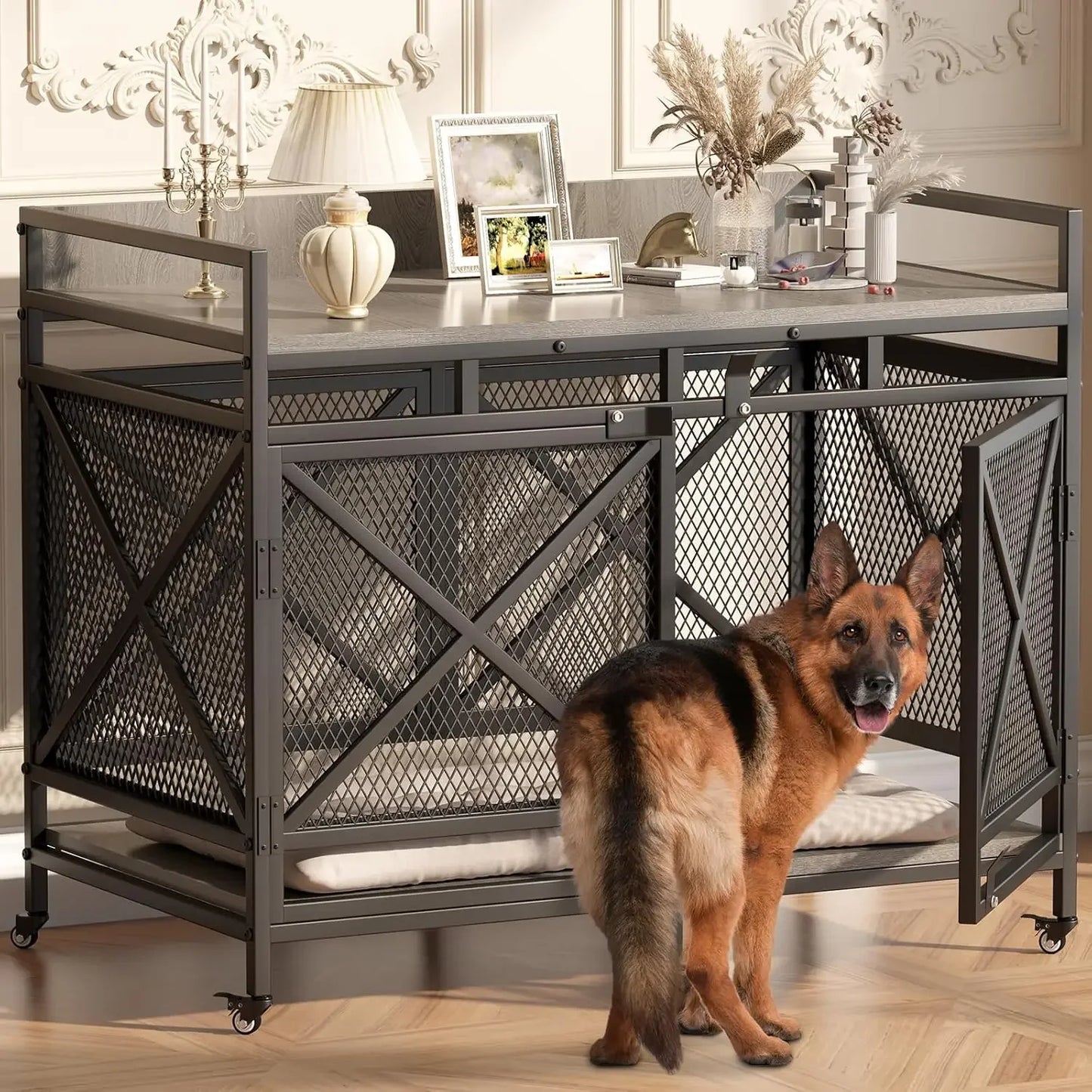 Large Dog Crate Furniture, 48 Inch Heavy Duty Dog Kennel for Large Breeds, Wooden Dogs Cage with Wheels,