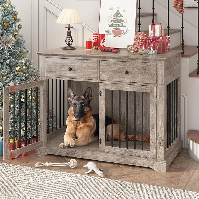 Dog Crate Furniture, 44 Inch Wooden Dog Kennel Indoor with 2 Storage Drawers, Heavy Duty Large Dog Crate Furniture