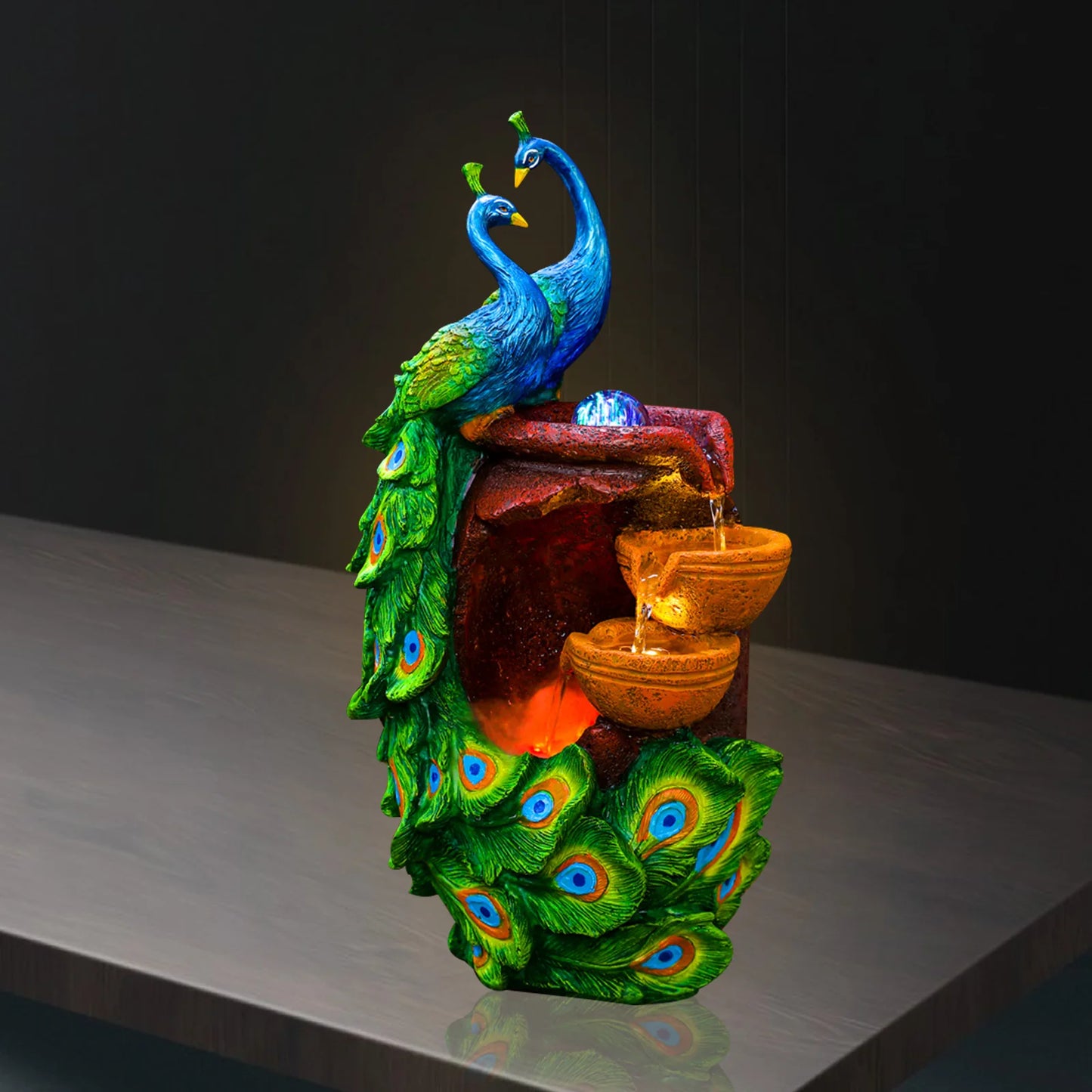 Peacock Waterfall Fountain Desktop Ornament Indoor Feng Shui Water Sound Decor, Rockery Waterfall Resin Fountain Ornament Decor