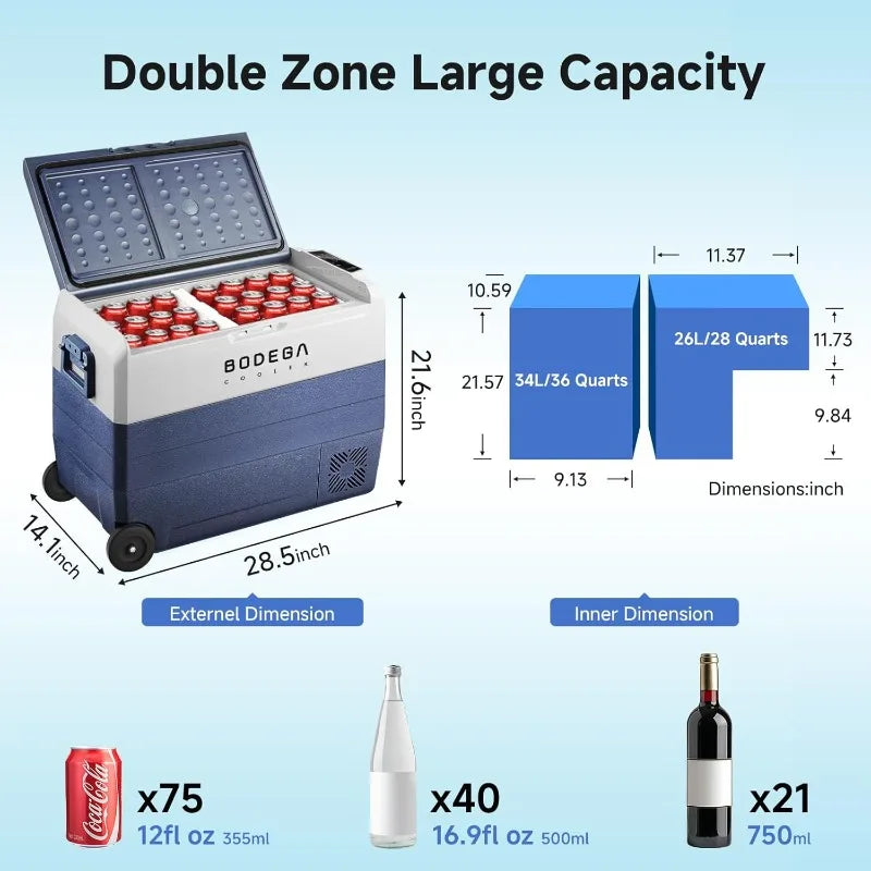 BODEGACOOLER 12 Volt Refrigerator,64 Quart Car Fridge Dual Zone WIFI APP Control,60L Portable Refrigerator Freezer, -4℉-68℉