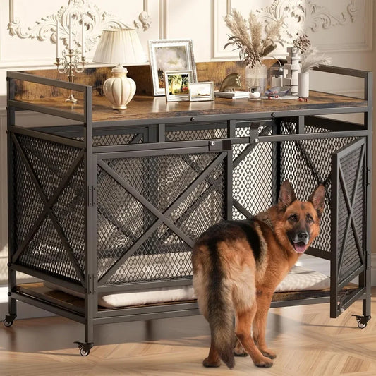 Large Dog Crate Furniture, 48 Inch Heavy Duty Dog Kennel for Large Breeds, Wooden Dogs Cage with Wheels,