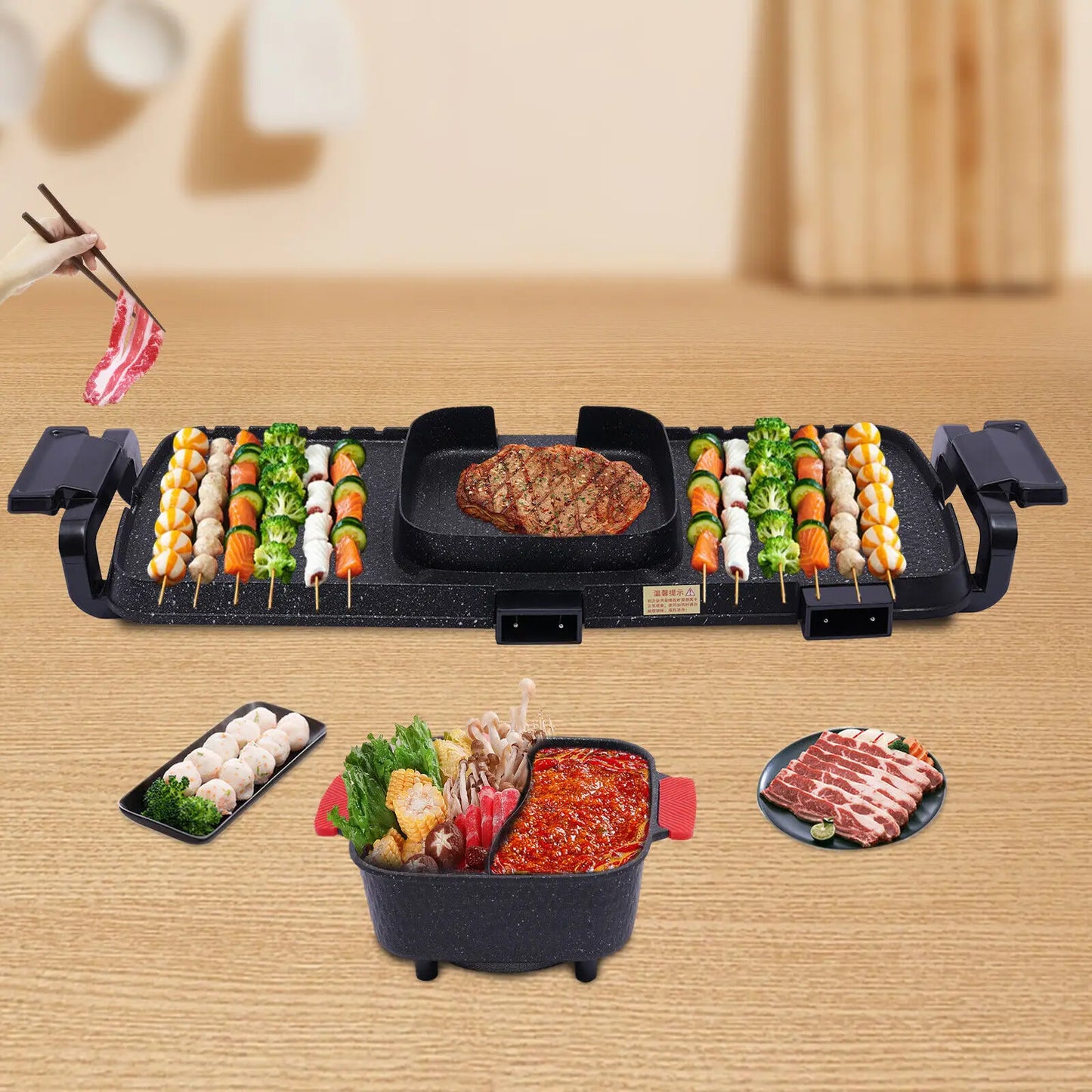 Electric 2 in 1 Hot Pot BBQ Oven Smokeless Barbecue Pan Grill Hotpot Machine
