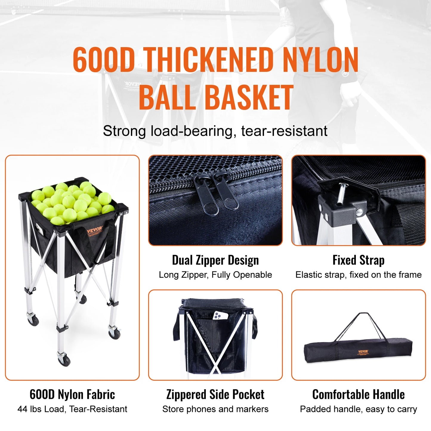 VEVOR Foldable Tennis Ball Cart Holds 150/180 Tennis Balls Basket Hopper with Wheels Sports Teaching Portable Baseball Trolley