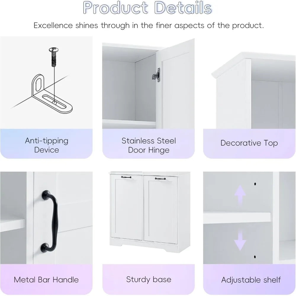 Tall Bathroom Storage Cabinet with Laundry Hamper Freestanding Storage Cabinet with Open Shelves and Adjustable Shelf White Modern Style