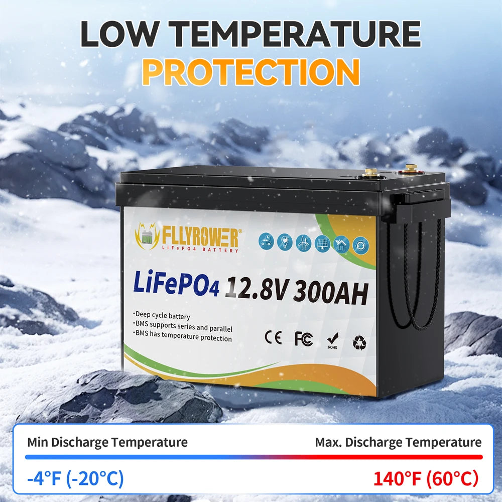 FLLYROWER 12V 300Ah LiFePO4 Lithium Battery Packs With 200A BMS LiFePO4 Battery For RV Boat Motor Solar Battery 8000+ Cycles