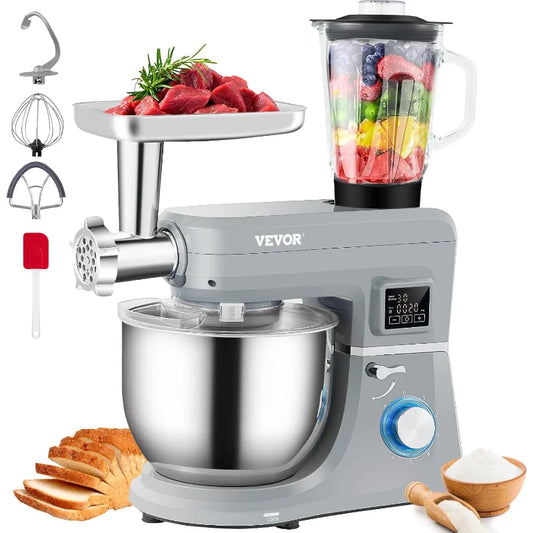 VEVOR Stand Mixer, Multifunctional Electric Mixer with 6 Speeds LCD Screen Timing, 7.4 Qt Stainless Bowl, Meat Grinder,Juice Cup