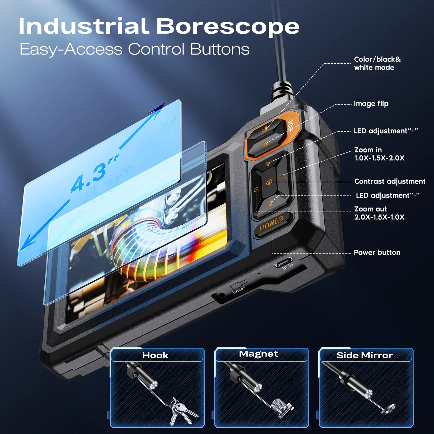 4.3 Inch Industrial Endoscope Camera HD1920P 16.5TF Single Lens Pipe Inspection Borescope for Car Sewer Inspection Camera Tool