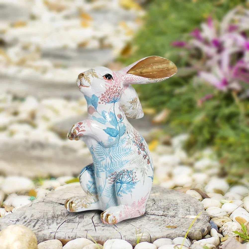 Cute Rabbit Statue Resin Bunny Sculpture Home Room Decorative Art Ornaments Painted Jade Rabbit Figurines Easter Decoration Gift