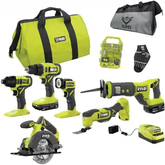 QW6 Power tools Combo Kit Bundle with Buho tool bag.and holster.6 Ryobi..2 batteries.charger.40 piece drill bit set