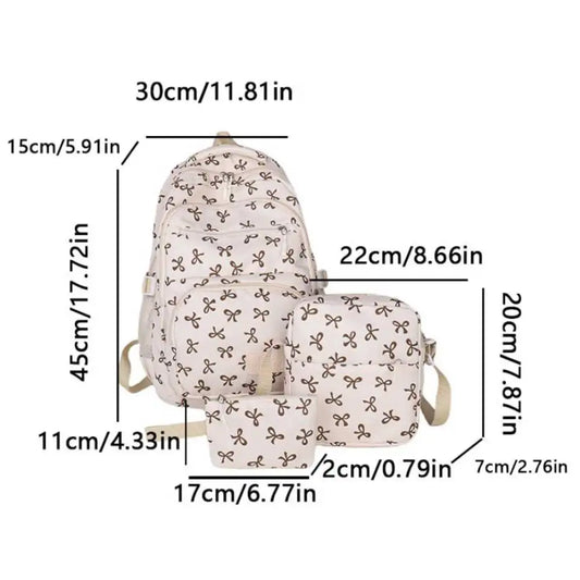3Pcs/Set Bow Print Backpack with Crossbody Bag and Small Purse Bow Student Bookbag Simple Backpack for Elementary Middle Kids