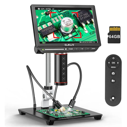 Elikliv EM4K-AF Autofocus 4K Digital Microscope 2000x HDMI Soldering Microscope for Electronic Repair 8" Coin Amplifier 10"Stand