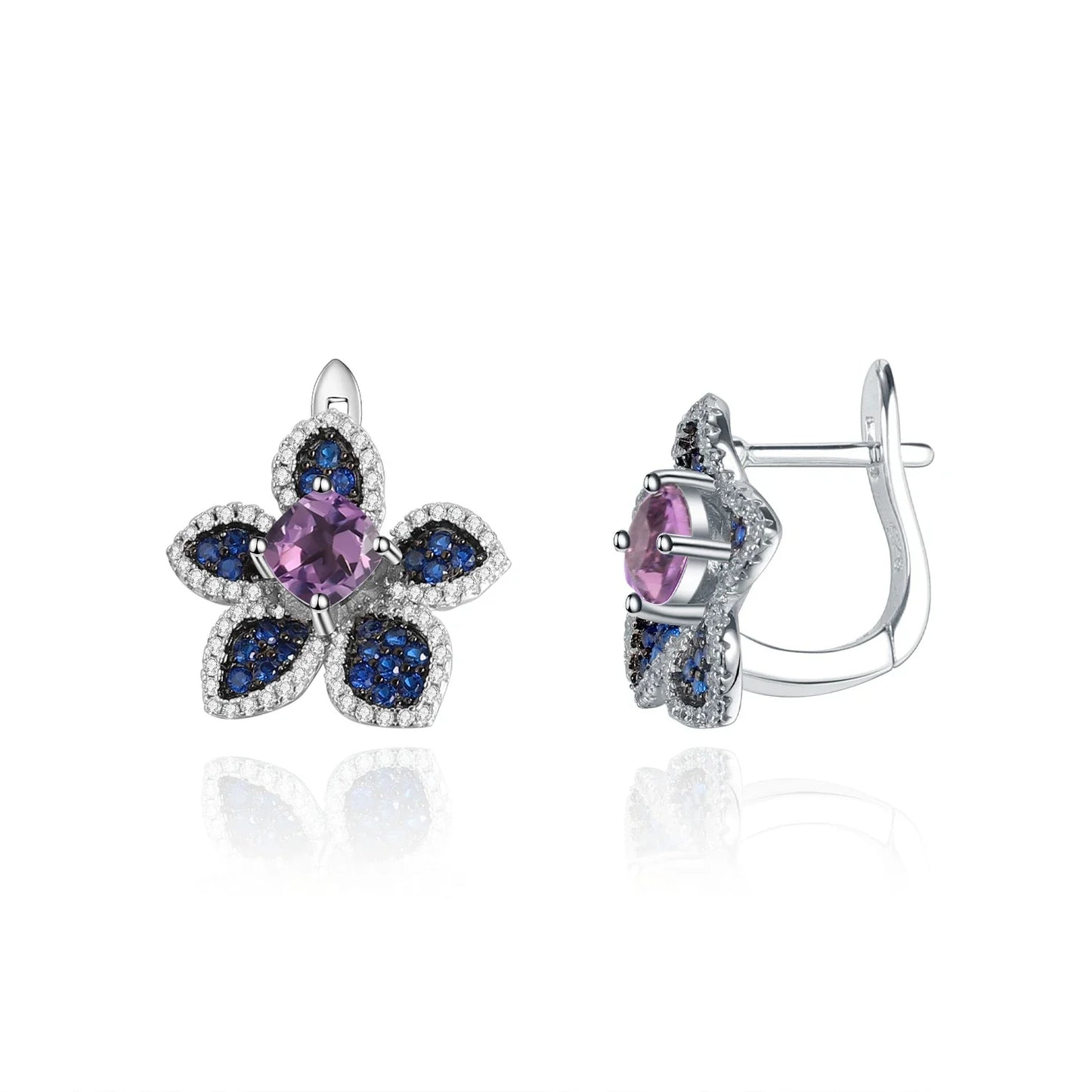 GEM'S BALLET 925 Sterling Silver Earrings Ring For Women Natural Amethyst Gemstones Flower Handmade Statement Stud Earrings