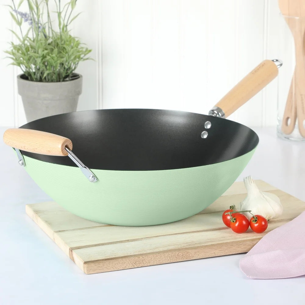 Carbon Steel Wok 14 Inch Nonstick High Heat Cooking Induction Safe Easy Clean Durable Kitchen Essential Cooking Tool