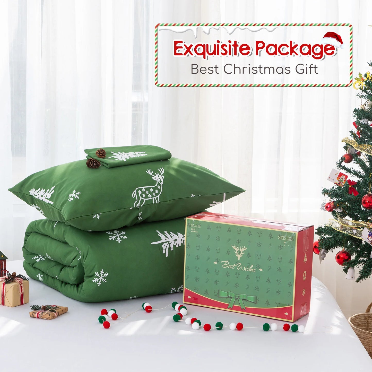 Soft Polycotton Queen Size Bed Comforter Christmas Reindeer Elks Bedding Down Alternative Comforter Set with Pillow Sham