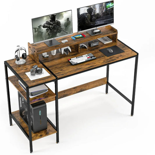 Gaming Home Office Computer Desk with Monitor Stand,Vintage Writing Desk for 2 Monitors, Adjustable Storage Space (47)