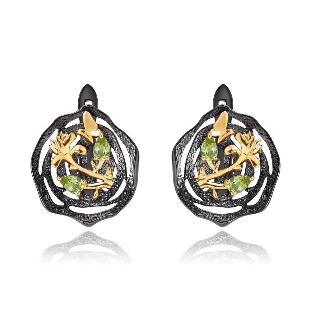 GEM'S BALLET Natural Peridot woman’s statement earrings 18k gold 925 silver two tone handmade butterfly flower lotus Earrings