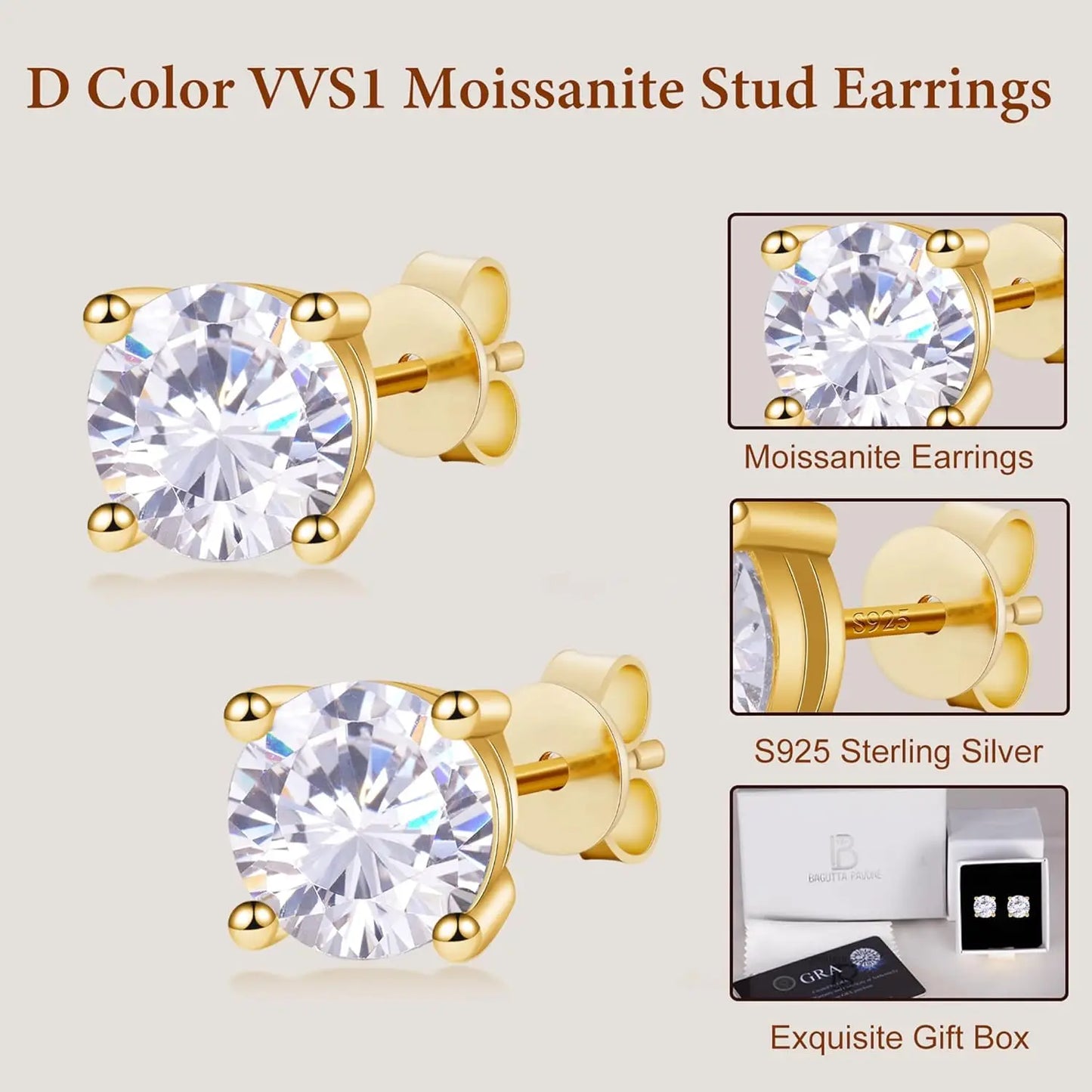 Moissanite Stud Earrings for Women,Women’s 0.6-3CT Round Cut Diamond with 925 Sterling Silver Post,18K White Gold Plated