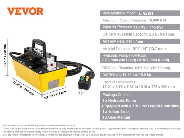 SucceBuy 10,000PSI Air Hydraulic Pump 0.61Gal Reservoir & Remote Control Actuator for Automobile Frame Machine & Hydraulic Press