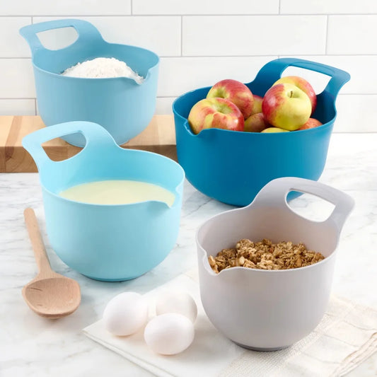 Nesting plastic mixing bowl set with pouring spout and handle, blue