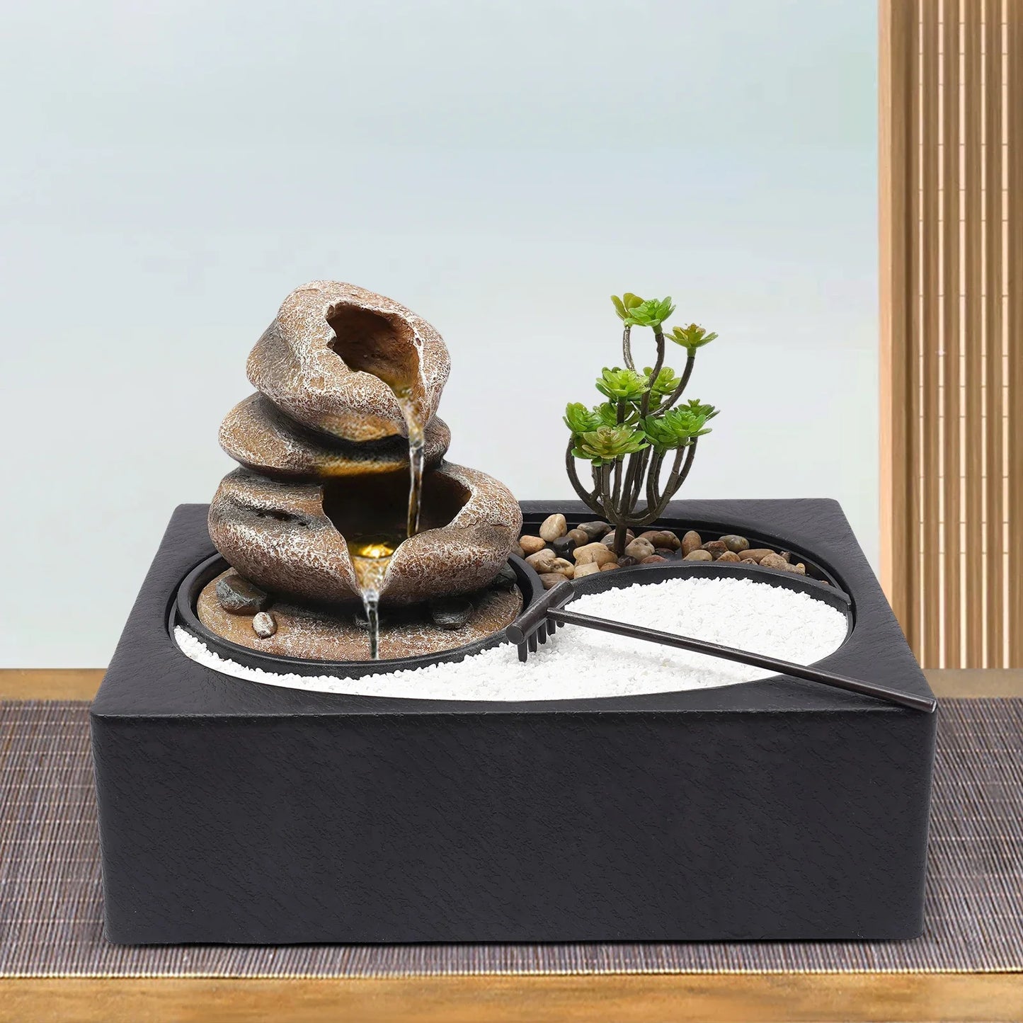 Tabletop Rock Water Fountain W/ LED Light,Indoor Waterfall Decor for Desk,Relaxing Zen Fountain,Decorative Stone Water Feature