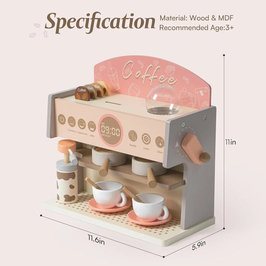 Robud Kids Coffee Maker with Grinder Wooden Toy Coffee Maker Espresso Machine Playset Play Kitchen Kitchen Sets for Girls Boys